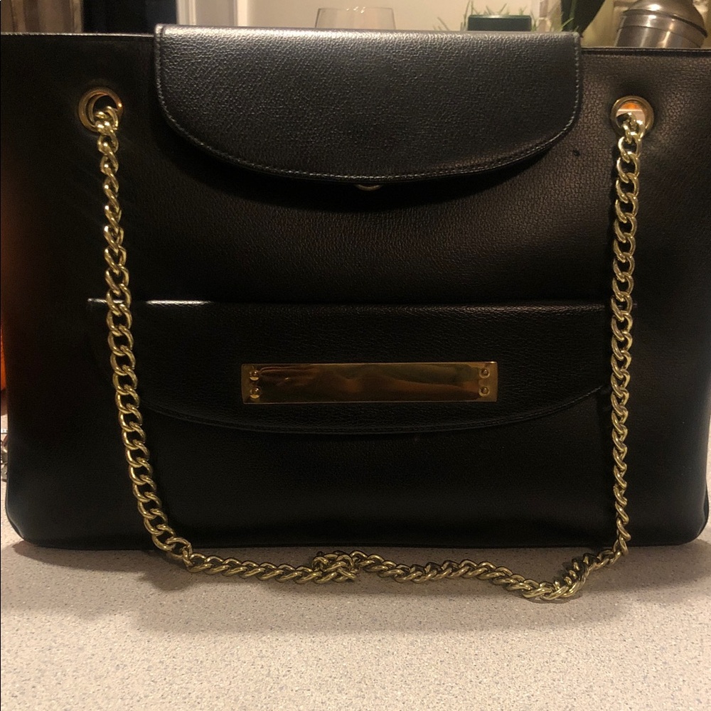 Elegant Black Leather Tote Bag with Gold Chain